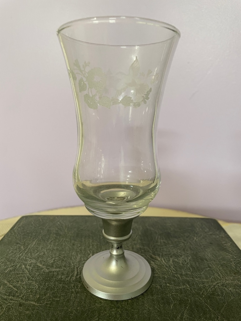 Etched Floral Glass with Silver-Tone Stem candle holder